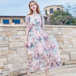 ワンピース 花柄 シフォン ワンピース ロング Aラインロングワンピース 半袖 Vネック ワンピース