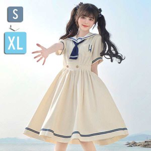 ワンピース ビッグカラー セーラー風 胸元リボン 半袖 夏用 夏服 かわいい レディース デコ襟 大きいサイズ ロ