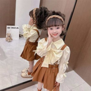 子供服 セットアップ 女の子 シャツ ストラップスカート 韓国子供服 長袖 2点セット リボン キッズファッション キッズ服 子ども服 姉妹