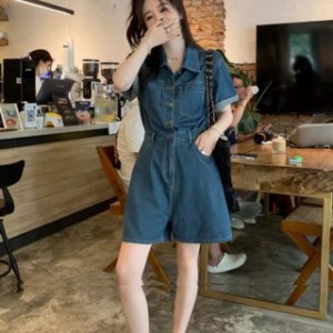 オールインワン レディース デニム 送料無料 個性的 春服 夏服 ひざ上 半袖 襟付き インスタ映え モテ 流行 トレンド 高見え 若見え 日常