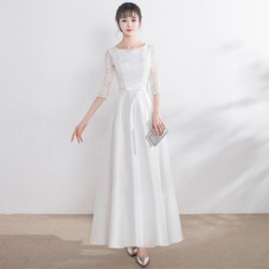 [一部] ウェディングドレス 袖あり 花柄 白 ロングドレス 結婚式 二次会 花嫁 ドレス ミディアム丈 ウエストマーク 大きいサイズ 3L