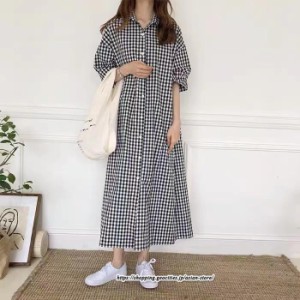 ロングシャツワンピース ワンピース マキシ丈 マキシワンピース チェック柄 コットン リネン 綿麻 五分袖 大人可愛い カジュアル 韓国フ