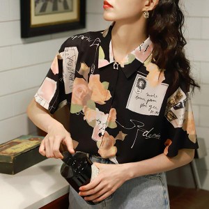 柄シャツ レター柄 花柄 半袖 ブラック 黒 レトロ フラワー柄 オーバーサイズ ダンス 衣装 韓国ファッション 大きいサイズ 個性的 夏服 