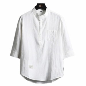 T-シャツ メンズ トップス 半袖シャツ カジュアルシャツ 開襟シャツ 無地 白シャツ 麻綿風　カプリシャツ コットン スタンドカラーシャツ