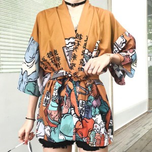 あり はっぴ 半纏 総柄 和柄 和風 プリント サテン 七分袖 羽織り  原宿系 ファッション 奇抜 派手 個性的 韓国