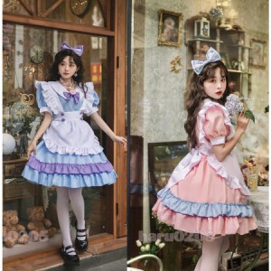 メイド服 ワンピース 半袖 ピンク ブルー レディース コスプレ 膝丈 エプロン リボン クラシカル メイド ロリータ フリル 制服 喫茶店変