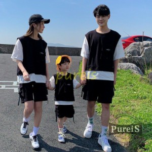 親子 ペアルック セットアップ 親子コーデ 半袖 Tシャツ ショートパンツセット カーゴパンツ かっこういい ペア 兄弟お揃い ペアルック 