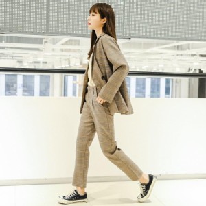 グレンチェック スーツセット レディース セットアップ 上下セット チェック柄 スカート パンツ ジャケット 通勤服 オフィス カジュアル 