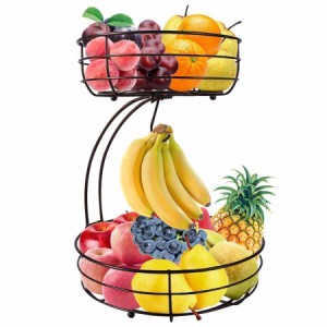2層フルーツ スタンド フルーツバスケット バナナ吊りフック付き ワイヤ モダンな果物かご、野菜収納スナックホルダーラックブレッドスタ