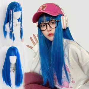 ウィッグ ブルー ロングウィッグ レディース フルウィッグ セミロング 超自然 かつら wig ロリータ セミロング 原宿系 耐熱ウィッグ