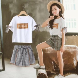 韓国子供服 セットアップ 夏 女の子 ジュニア キッズ 上下セット 半袖Tシャツ パンツ 2点セット チェック柄 カジュアル 通学着 通園 110