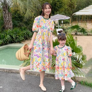 ママ娘さん親子お揃いママとお揃い娘とペアルック親子ペア親子フローラルワンピース花柄半袖親子服キッズプレゼント女の子レディース子供