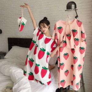 パジャマ レディース ワンピース パジャマ 半袖 夏　パジャマ ネグリジェ ロングTシャツ かわいい イチゴ柄 パジャマ 綿 ゆったり ルーム