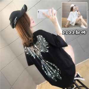 tシャツレディース半袖夏大きいサイズビッグTシャツチュニック鳳凰柄カットソーロンティーラインストーン