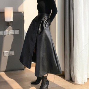 レザースカート レディース フレア Aライン スリット レザー スカート ミモレ丈 ロングスカート 黒 韓国ファッション