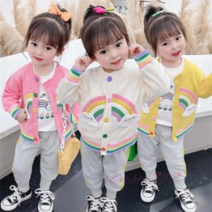 三点セット 子供服 女の子 春秋 ニットカーディガン 長袖Tシャツ ロングパンツ セットアップ キッズセット