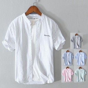 白シャツ メンズ 夏服 半袖シャツ ストライプ柄シャツ シンプル 100%綿 トップス カジュアルシャツ おしゃれ メンズファッショ