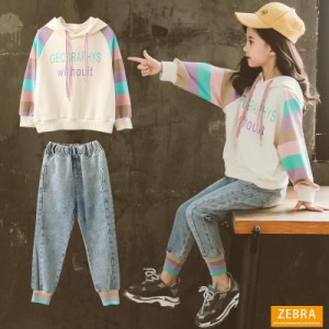 子供服 セットアップ キッズ 女の子 春秋 長袖 2点セット 上下セット Tシャツ デニムパンツ ロングパンツ ジュニア おしゃれ カジュアル 