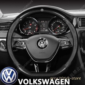 ハンドルカバー D型 フォルクスワーゲン VW ステアリングホイールカバー 本革 カーボン調 牛革 専車ロゴ 内装品パーツ 滑りにくい 文字付