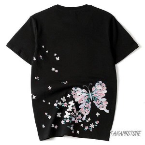 和柄刺繍 半袖Tシャツ メンズ 刺繍蝶 華鳥風月 半袖Tシャツ 男女ペア カップル 男女兼用 ご夫婦 恋人 夏 肌着 リゾート サマー ジュニア