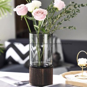 花瓶 ガラス 木製 フラワーベース 北欧 おしゃれ 花器 透明 ブラック 大きい 花びん シンプル 可愛い かわいい レトロ 円柱 円形 生花 生