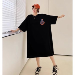 Tシャツワンピース 半袖 ロング ミモレ丈 大きいサイズ 3L 4L 5L プリントTシャツ ワンピース レディース 夏 黒 オーバーサイズ ゆったり