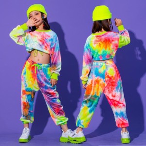 キッズ ダンス衣装 セットアップ ヒップホップ 子供 HIPHOP ス パンツ 長ズボン 長袖 虹柄 へそ出し 女の子 ジャズダンス 練習着 発表会