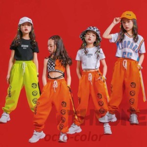 キッズ ダンス衣装 ガールズ ジャズダンス 夏 オレンジ セットアップ 黒白 Tシャツ 韓国 HIPHOP ヒップホップ ステージ衣装 練習着 へそ