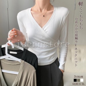 トップス ｖネック セクシー カシュクール ｔシャツ レディース カットソー 薄手 無地 シンプル  きれいめ スリム 細見え コットン トッ