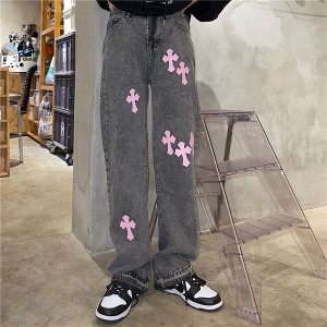 ピンククロス ジーンズ スモーキーグレー デニム レトロ ウォッシュ パンツ 韓国系 ストリート系 ストリートファッション レディース