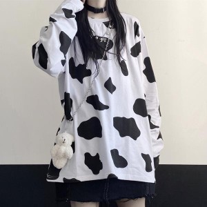 ロンT COW柄 牛柄 モノトーン オーバーサイズ ロンティー 長袖 Tシャツ ダンス 衣装 コスチューム 韓国ファッション 大きいサイズ 個性的