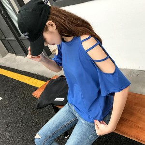 ダンス 韓国ファッション セクシーな肌魅せがポイントのオーバーシルエット肩あきカットソートップス 半袖 Tシャツ オープンショルダー 