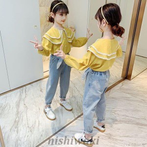 子供服 女の子 韓国子供服 セットアップ キッズ 秋服 長袖 トップス ブラウス シャツ デニムパンツ ロングパンツ 子ども服 ジュニア おし