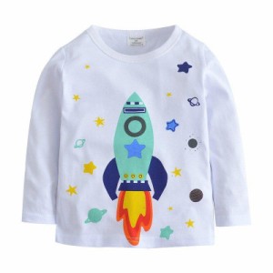 Tシャツ 子供用 キッズ トップス 男の子 女の子 長袖 ラウンドネック 丸首 プリント ロケット 宇宙 春服 秋服 冬服 カジュアル かっこい