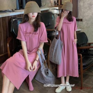 Tシャツワンピース ロングティー レディース トップス プルオーバー 半袖 夏服 部屋着 柔らか ストレート 大きいサイズ展開あり M-4XL ロ