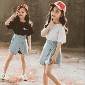 子供服 セットアップ 春夏 キッズ 女の子 韓国子供服 上下セット 2点セット トップス 半袖 Tシャツ 安い ミニスカート デニムスカート 可