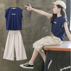 子供服 セットアップ キッズ 女の子 夏 2点セット 上下セット Tシャツ 無地 ノースリーブ ロングパンツ サロペット ジュニア おしゃれ 可