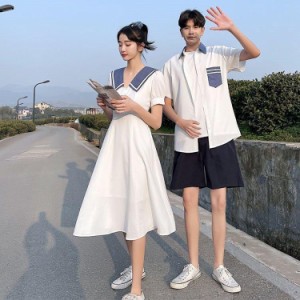 【2点セット】ペアルック カップル 男シャツ＋女ワンピース ドレス 可愛い カップル お揃い 夏 韓国 カップル ペアルック トップス ペア 