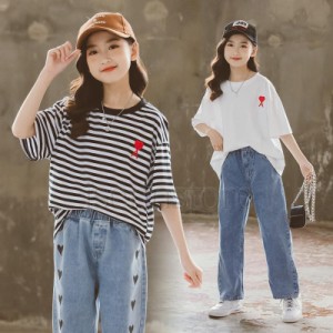 子供服 Tシャツ キッズ 女の子 トップス おしゃれ チュニック プリント 半袖ティーシャツ 無地 ボーダー柄 コットン綿 カットソー ロゴt 