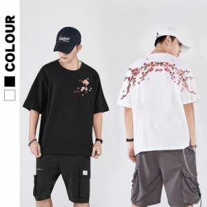 Tシャツ メンズ 夏 半袖カットソー 刺繍花柄 カジュアル 綿100％ シンプル カットソー レディース 白 黒 半袖 クルーネック 通勤通学 春