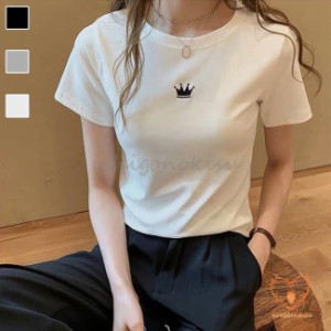 Tシャツ レディース 半袖Tシャツ コットン クルーネック 夏Tシャツ 白 カットソー 半袖 サマーTシャツ 快適 シンプル ゆったり トップス 