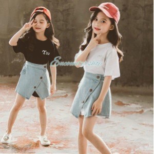 子供服 セットアップ 春夏 キッズ 女の子 韓国子供服 上下セット 2点セット トップス 半袖 Tシャツ 安い ミニスカート デニムスカート 可