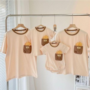 親子ペア tシャツ おもしろい リンクコーデ 親子コーデ ポテト ママと娘 パパ ベビー サロペット 家族お揃い 親子ペアルック 女の子 韓国