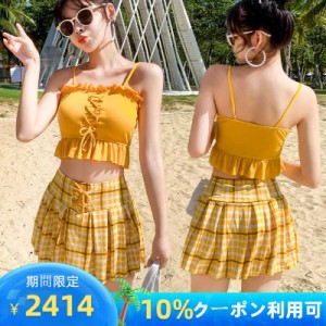 水着 レディース タンキニ 韓国  ２点セット ハイウェスト 体型カバー 10代 20代 セパレート   可愛い チェック柄 みずぎ リゾート 海 プ