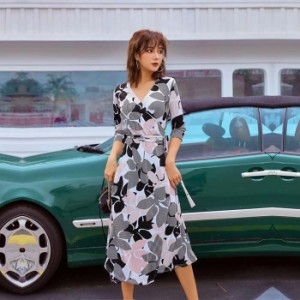 SALE フラワーカシュクールワンピース きれいめ 春 ワンピース レディース 花柄 プリント チュニック ミモレ ロング カシュクール