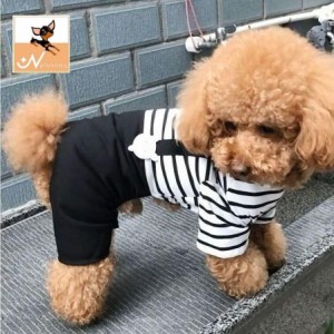 ペット用 犬用 洋服 ツナギ カバーオール ロンパース フード付き 半袖 重ね着風 ボーダー柄 クマ 可愛い かわいい 犬の服 ドッグウェア 