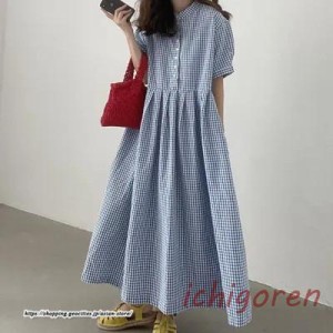 チェック柄ワンピース 半袖 レディース ロングワンピース シャツワンピース クールネック 夏服 フリル Aラインワンピース 入学式 ゆった