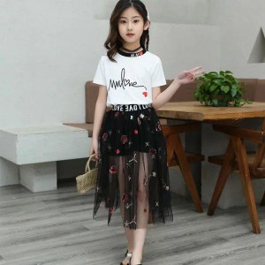 韓国子供服 女の子 セットアップ 夏服 Tシャツ スカート 2点セット 個性プリント チュールスカート ピカピカ カワイイ オシャレ 普段着 