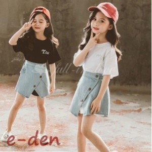 子供服 セットアップ キッズ 女の子 韓国子供服 上下セット 2点セット トップス 半袖 Tシャツ ミニスカート デニム 可愛い 春夏 通学着 