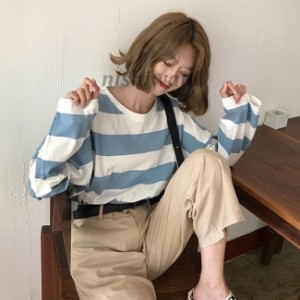 Tシャツ レディース 長袖 ボーダー柄Tシャツ ゆったり 長袖Tシャツ サマーTシャツ カットソー 夏 女性 クルーネック 夏Tシャツ 丸首 長袖